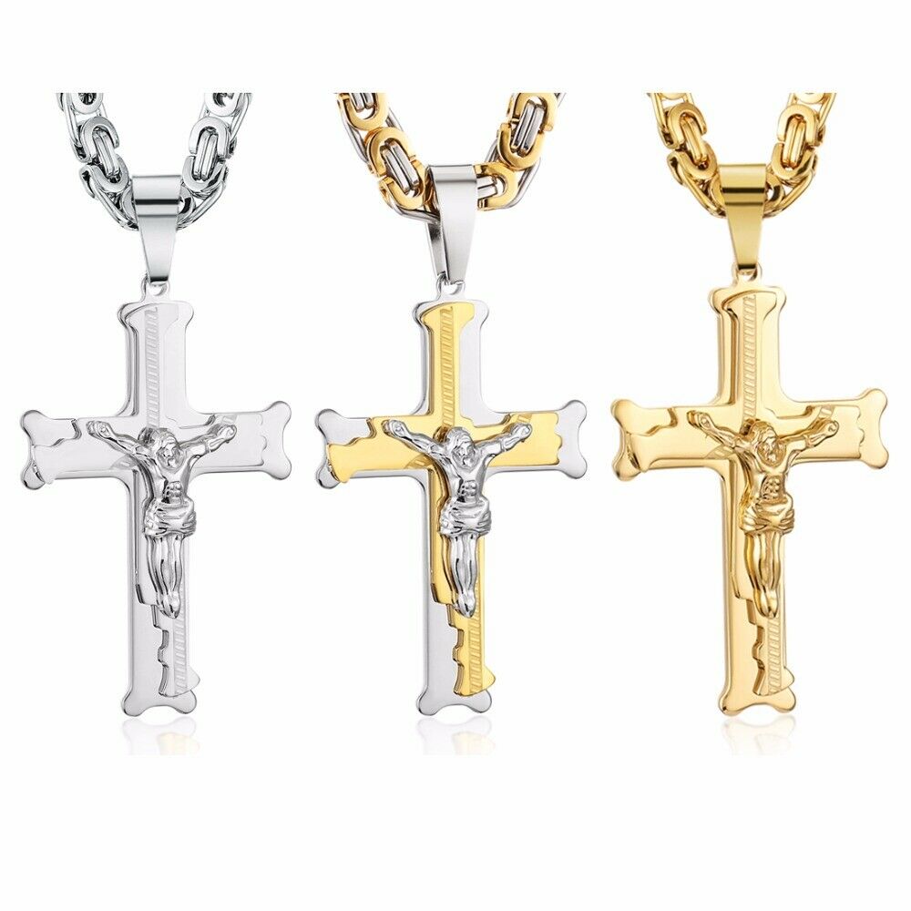 Edelstahl Jesus Deluxe – Massiv Kreuz-Kette Halskette Herren Anhänger Königskette