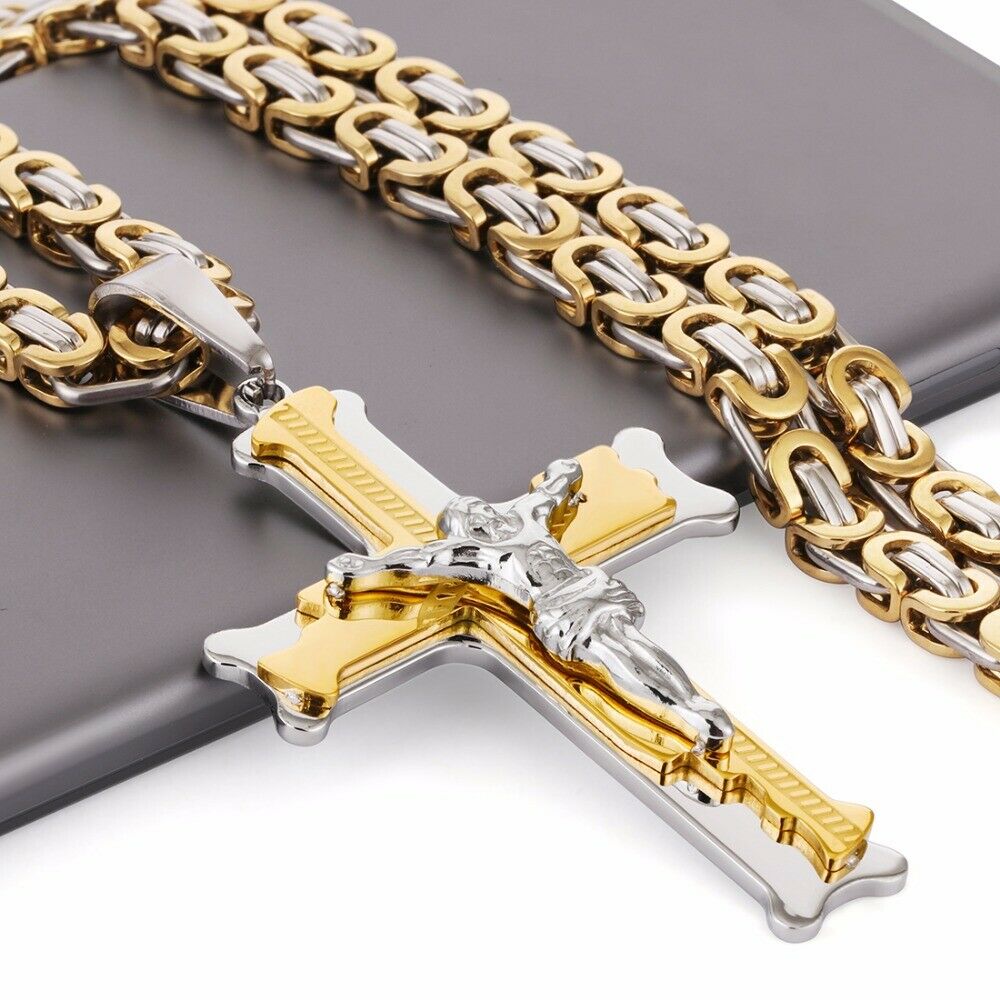 Deluxe Kreuz-Kette Massiv – Königskette Edelstahl Anhänger Halskette Jesus Herren