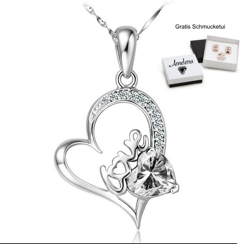 ❤️ Herz Anhänger LOVE Letters Halskette 925 Silber Herz-Kette Damen  Valentinsgeschenke –